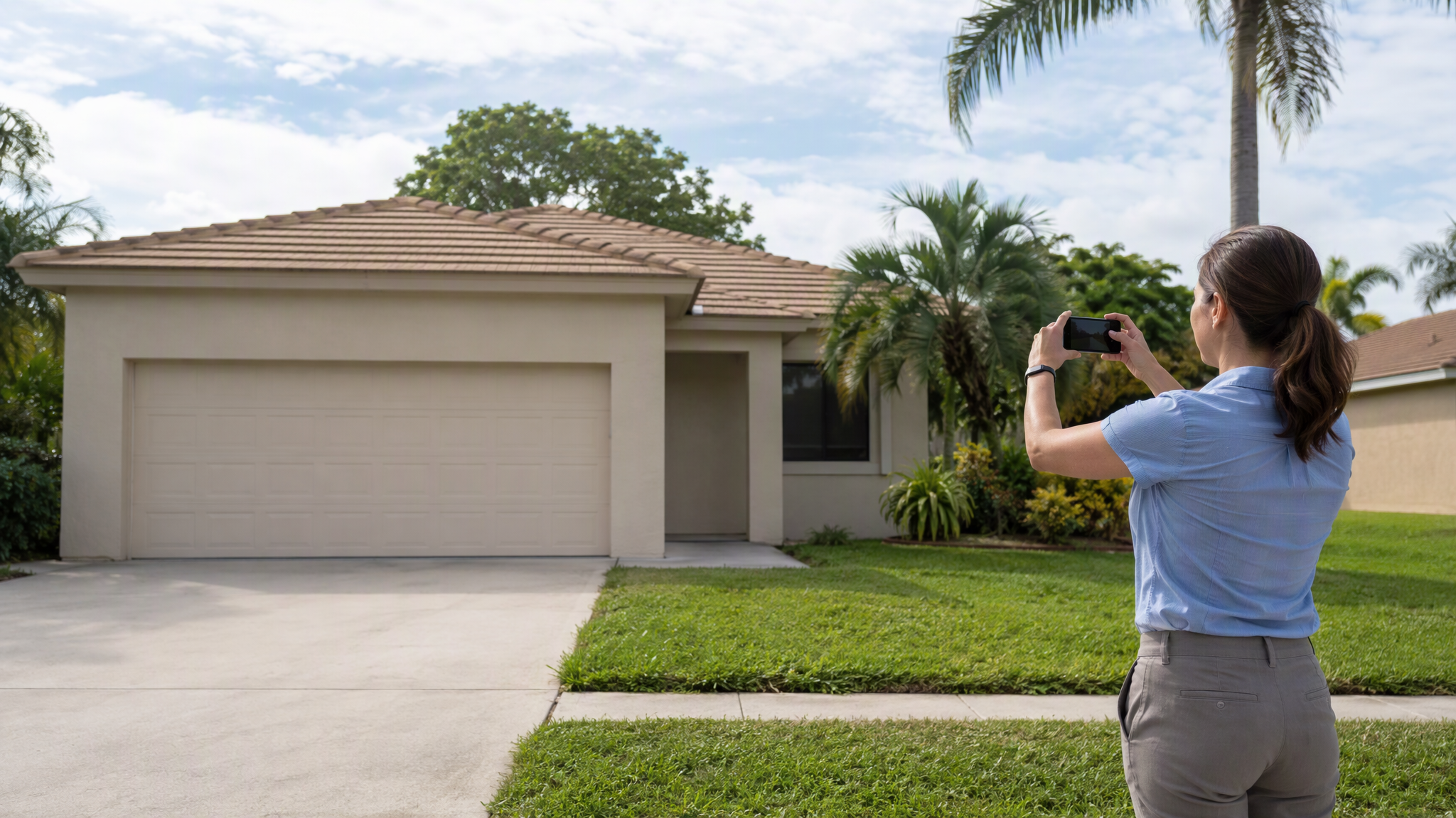 A woman photographs a pale stucco home with a tile roof, blank garage header and palms.